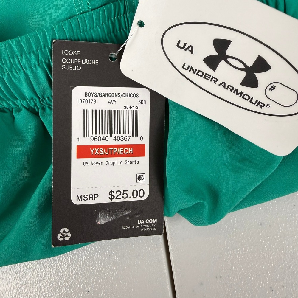 Under Armour UA Boys XS Green Woven Graphic‎ Shorts Athletic Training Loose Fit - Picture 6 of 9